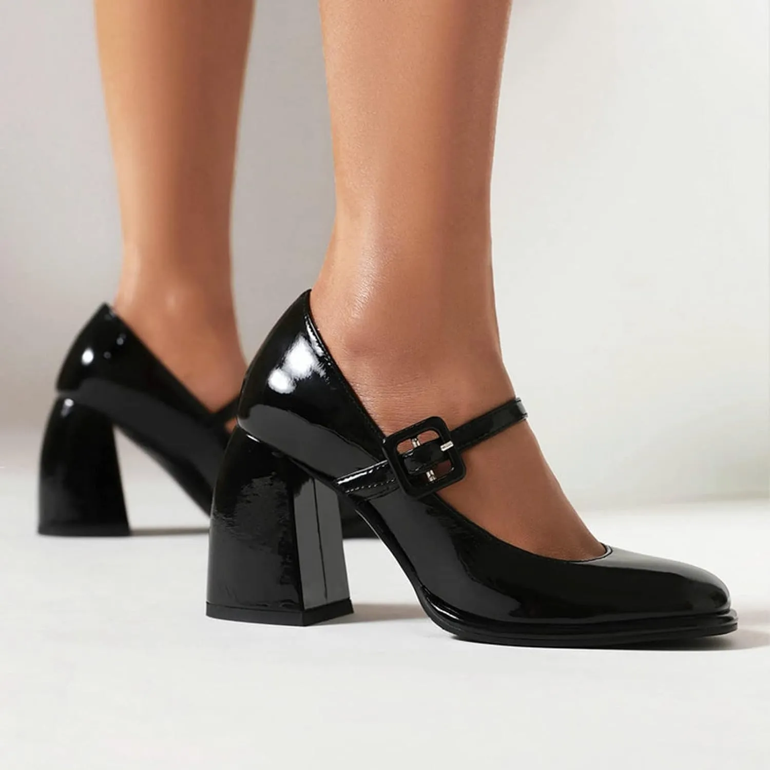 Women High Chunky Heel Mary Jane Pumps Square Toe Fashion Ladies Platform Patent Leather Dress Shoes