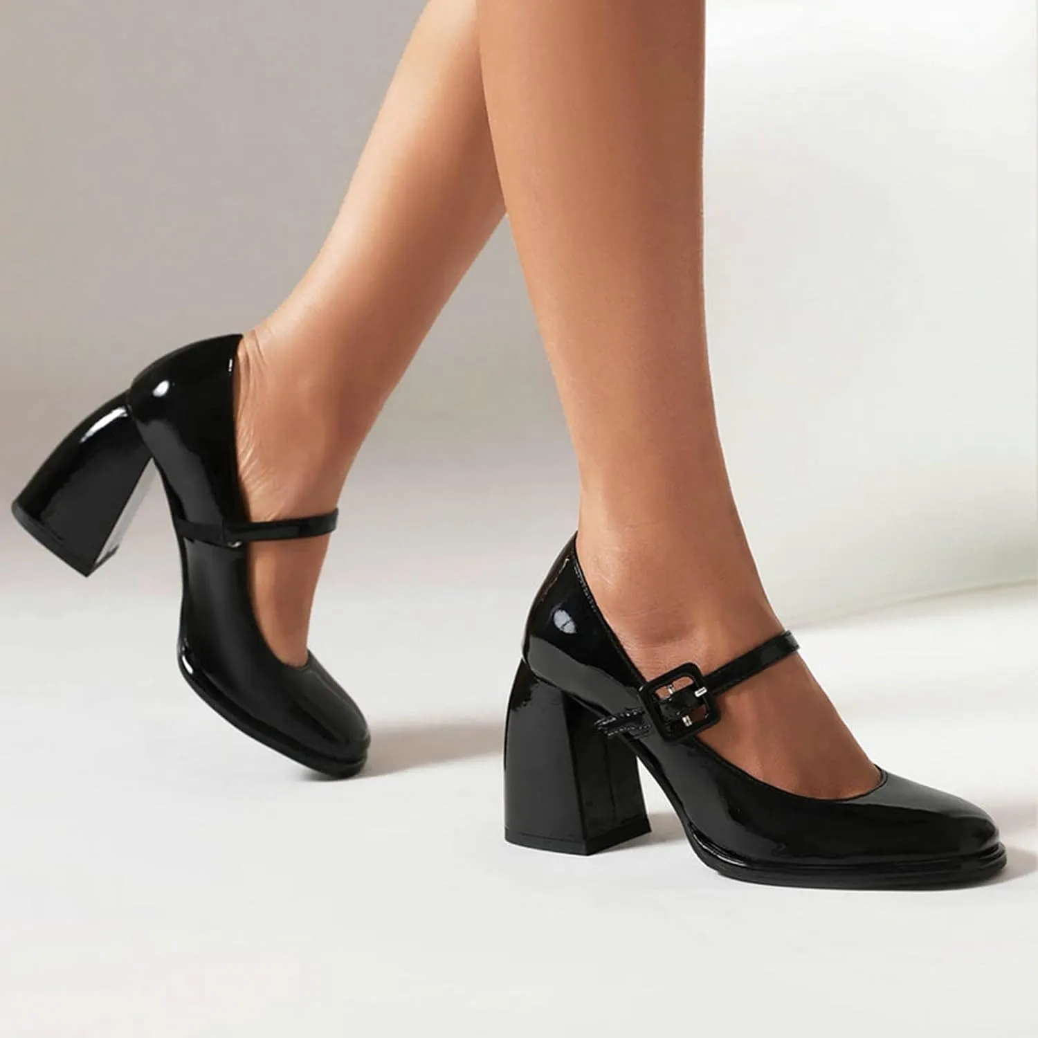 Women High Chunky Heel Mary Jane Pumps Square Toe Fashion Ladies Platform Patent Leather Dress Shoes