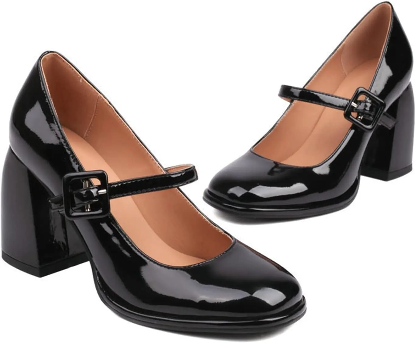 Women High Chunky Heel Mary Jane Pumps Square Toe Fashion Ladies Platform Patent Leather Dress Shoes