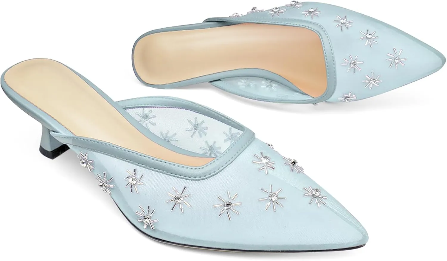 Women Kitten Heel Mules Crystal Flower Decor Mesh Pointed Toe Low Heel Pumps