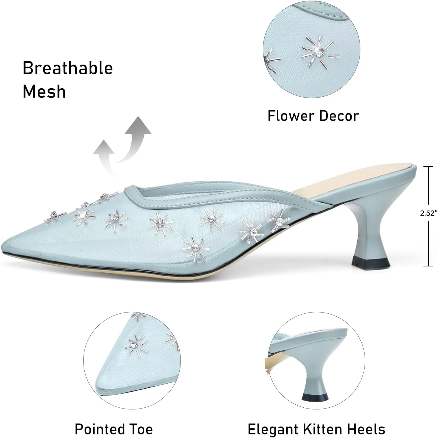 Women Kitten Heel Mules Crystal Flower Decor Mesh Pointed Toe Low Heel Pumps