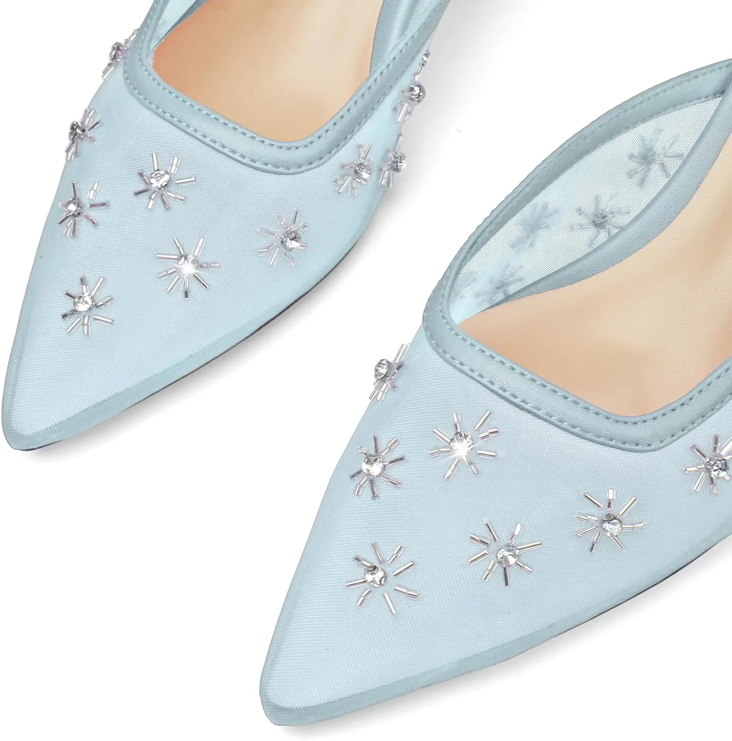 Women Kitten Heel Mules Crystal Flower Decor Mesh Pointed Toe Low Heel Pumps