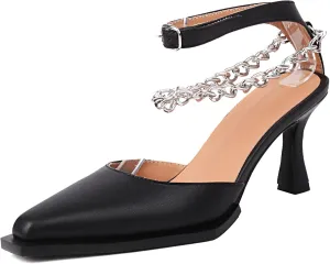 Women Mid Heels Patent Chain Court Shoes Closed Toe Stiletto Heel Mary Jane Elegant Pointed Toe Pumps