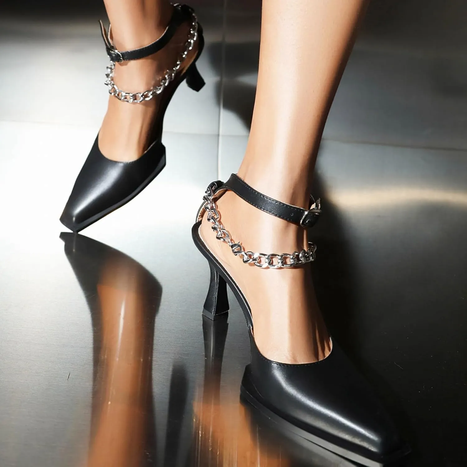 Women Mid Heels Patent Chain Court Shoes Closed Toe Stiletto Heel Mary Jane Elegant Pointed Toe Pumps