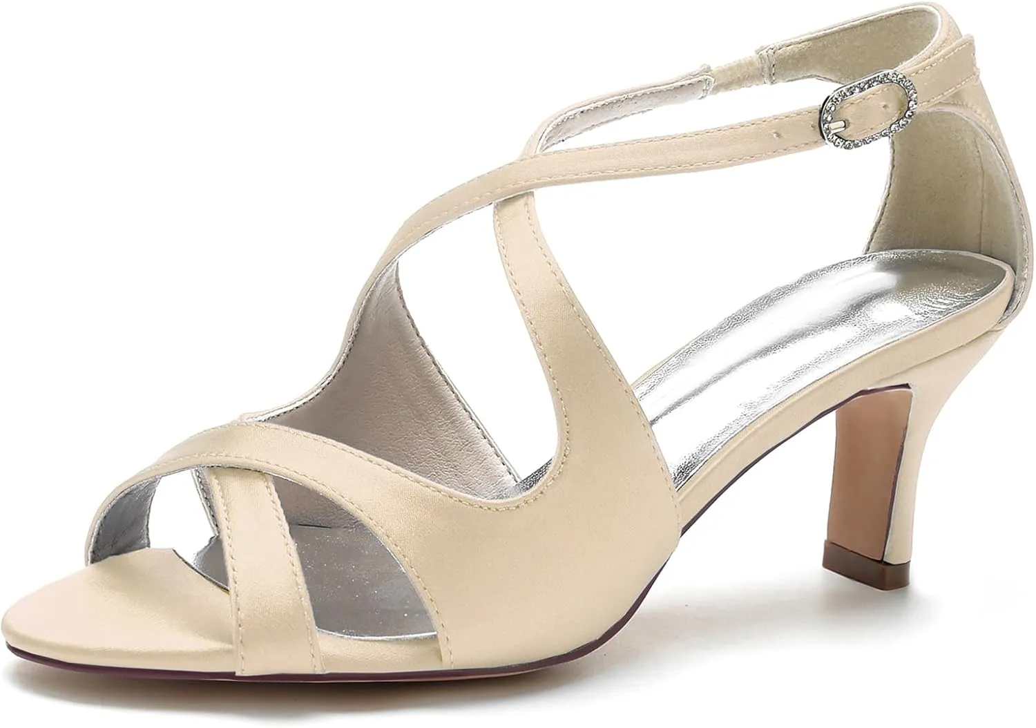 Women Peep Toe Heel Wedding Cross Strap Bridal Shoes Satin Sandals Ankle Strap Party Prom Pumps Mid Heel