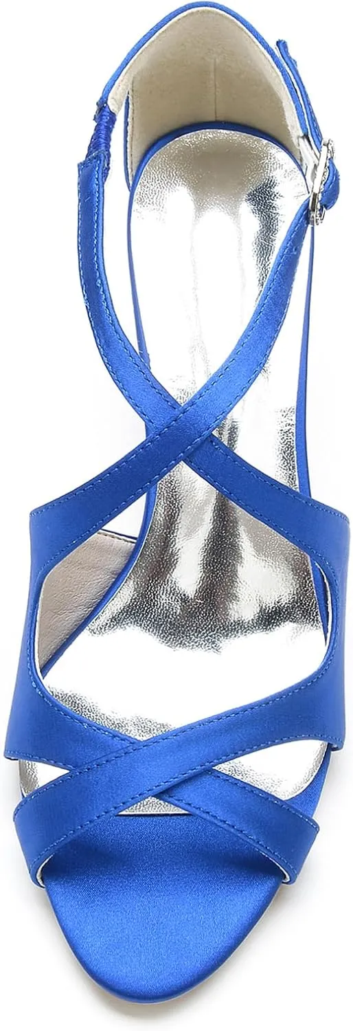 Women Peep Toe Heel Wedding Cross Strap Bridal Shoes Satin Sandals Ankle Strap Party Prom Pumps Mid Heel