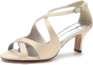 Women Peep Toe Heel Wedding Cross Strap Bridal Shoes Satin Sandals Ankle Strap Party Prom Pumps Mid Heel