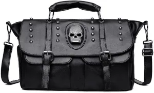 Women Punk Skull Shoulder Bag Large Top-Handle Bag Rivet Purse Gothic Handbag Flip Over Satchel Tote Black