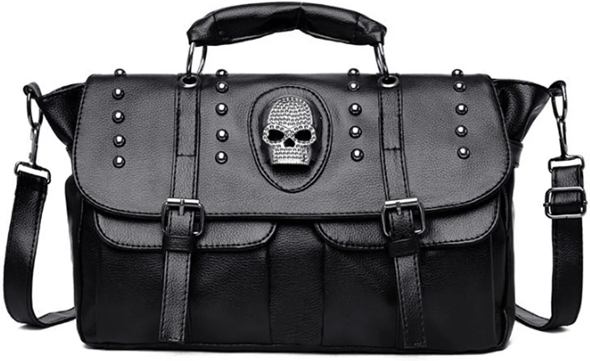 Women Punk Skull Shoulder Bag Large Top-Handle Bag Rivet Purse Gothic Handbag Flip Over Satchel Tote Black