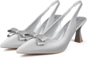 Women' s Closed Kitten Heels, Pointed Toe Bow Pumps Wedding Slingback High Heeled Prom Dress Shoes