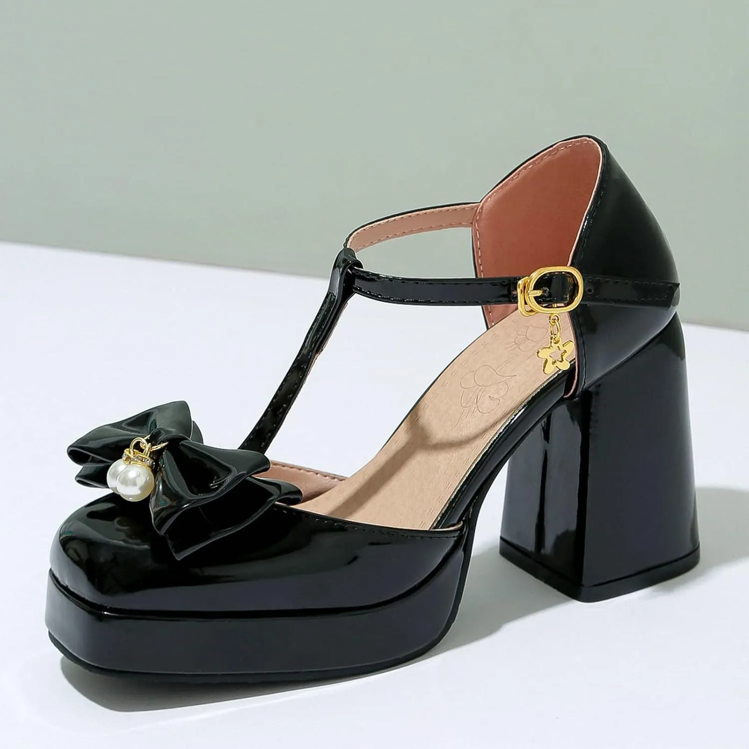 Women T Strap Mary Janes Platform Square Toe Bow Pumps Block High Heel Ankle Strap Lolita Shoes