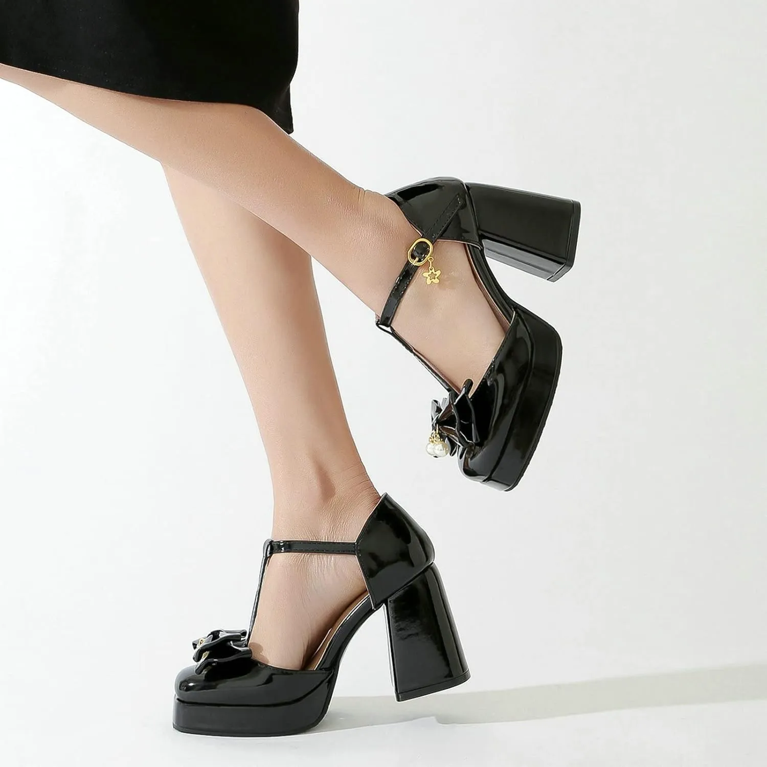 Women T Strap Mary Janes Platform Square Toe Bow Pumps Block High Heel Ankle Strap Lolita Shoes