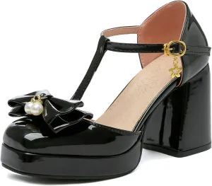Women T Strap Mary Janes Platform Square Toe Bow Pumps Block High Heel Ankle Strap Lolita Shoes