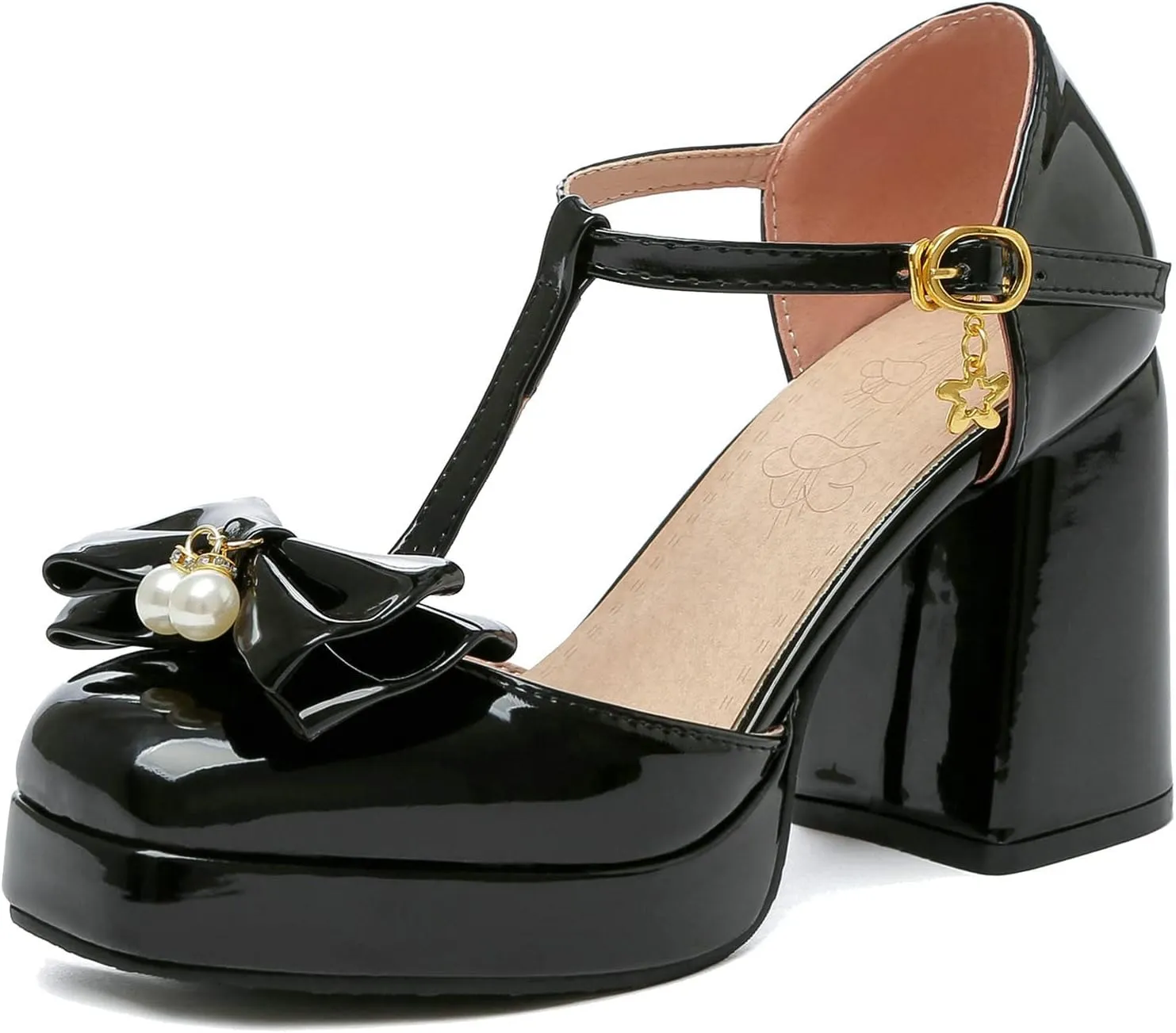 Women T Strap Mary Janes Platform Square Toe Bow Pumps Block High Heel Ankle Strap Lolita Shoes