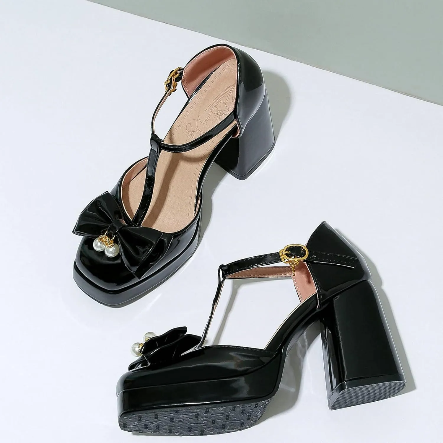 Women T Strap Mary Janes Platform Square Toe Bow Pumps Block High Heel Ankle Strap Lolita Shoes