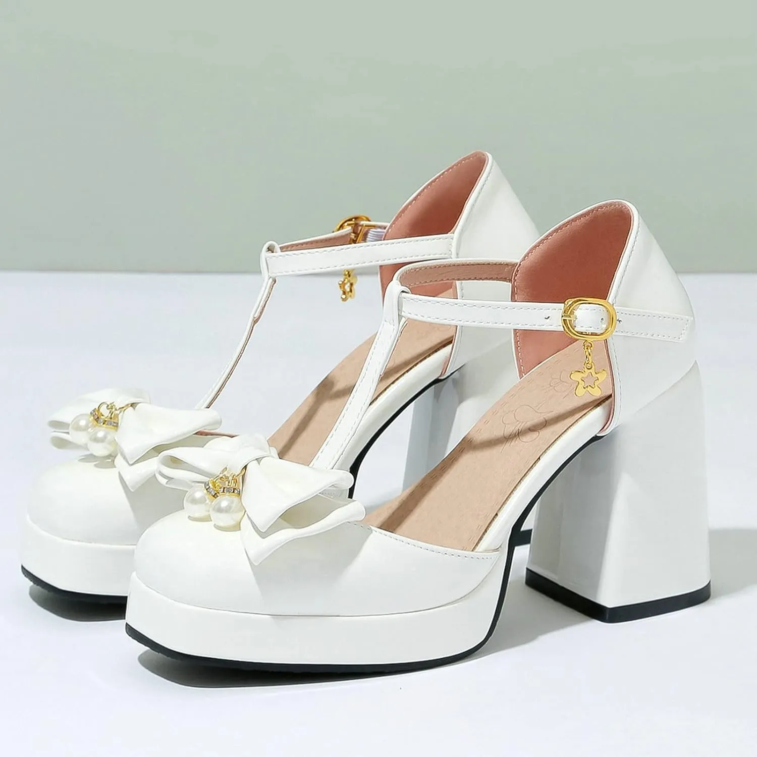 Women T Strap Mary Janes Platform Square Toe Bow Pumps Block High Heel Ankle Strap Lolita Shoes