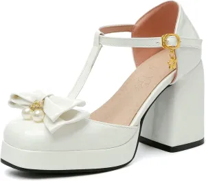 Women T Strap Mary Janes Platform Square Toe Bow Pumps Block High Heel Ankle Strap Lolita Shoes