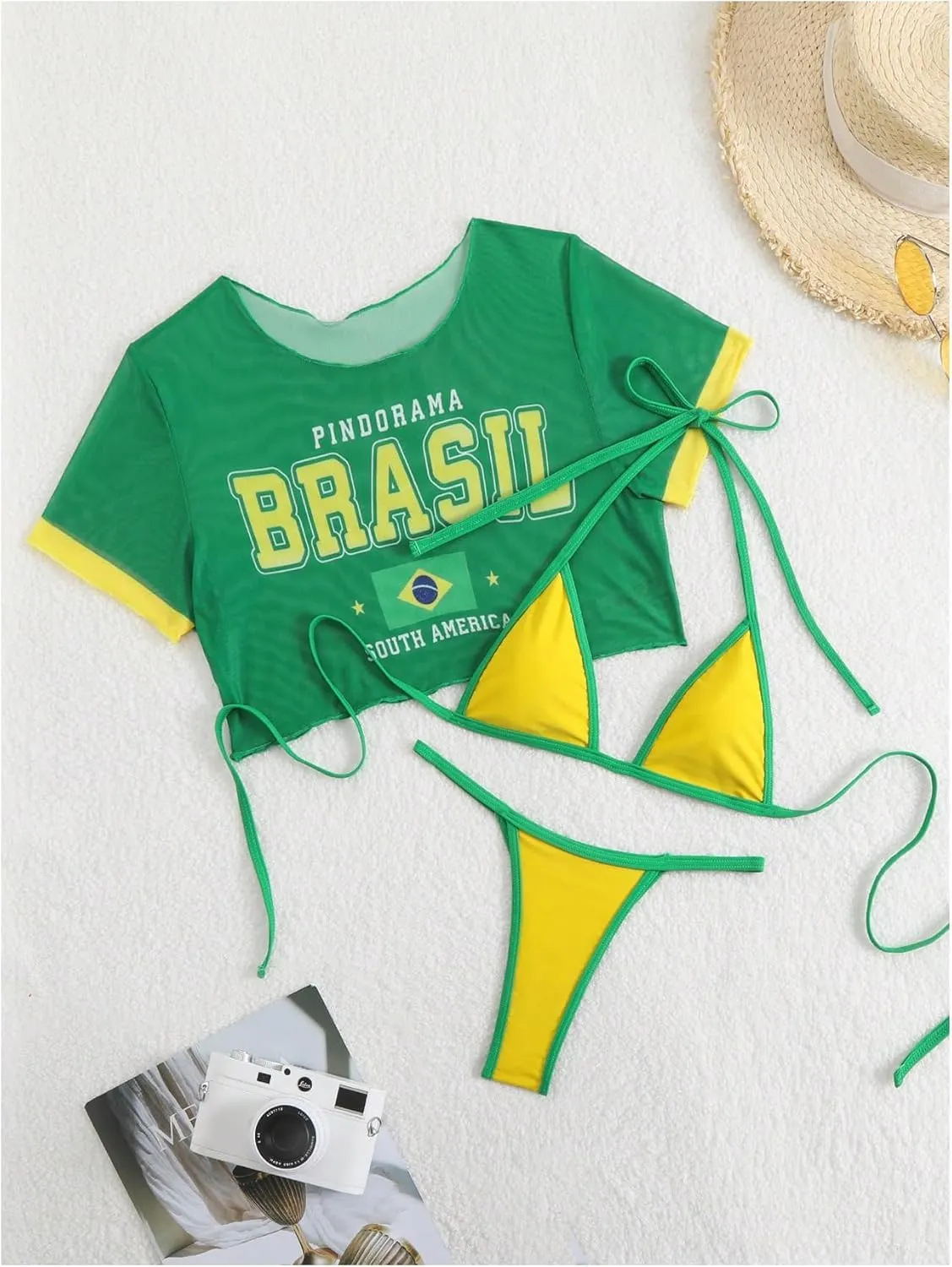 Women's 3 Piece Brasil Print Swimsuit Tie Backless Halter Bikini Set with Cover Up Tops
