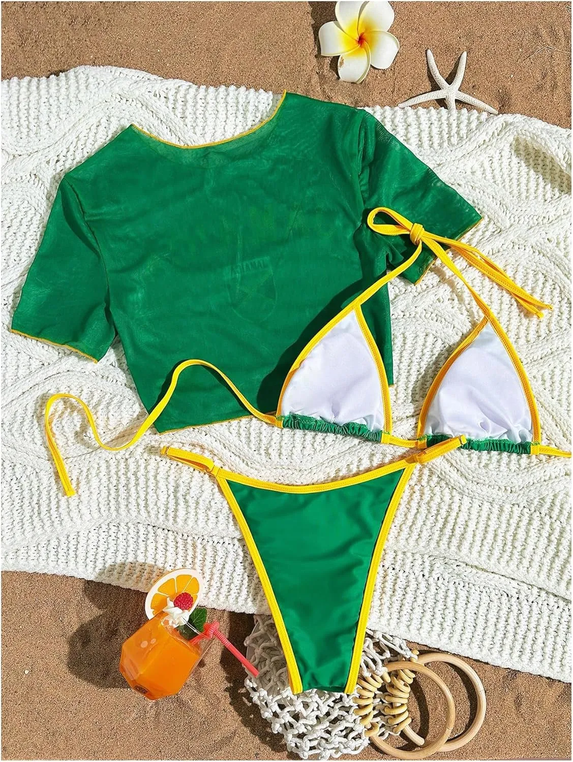 Women's 3 Piece Brasil Print Swimsuit Tie Backless Halter Bikini Set with Cover Up Tops