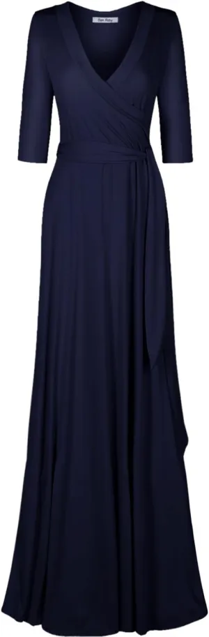 Women's 3/4 Sleeve Deep V-Neck Maxi Faux Wrap Solid Plus Size Dress