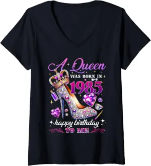 Womens A Queen Was Born in 1985 Birthday Crown High Heel Girl Women V-Neck T-Shirt