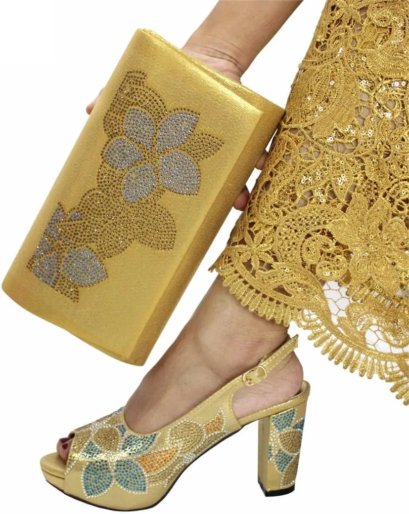 Women's African Gold Shoes Matching Bag Open Toe Sandals Sparkling Crystal Wedding Party High Heels