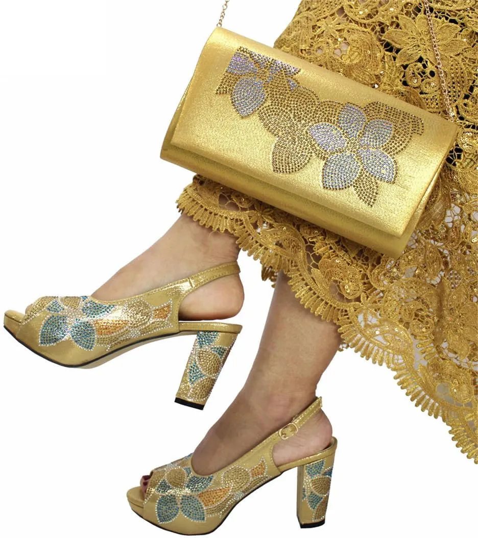 Women's African Gold Shoes Matching Bag Open Toe Sandals Sparkling Crystal Wedding Party High Heels