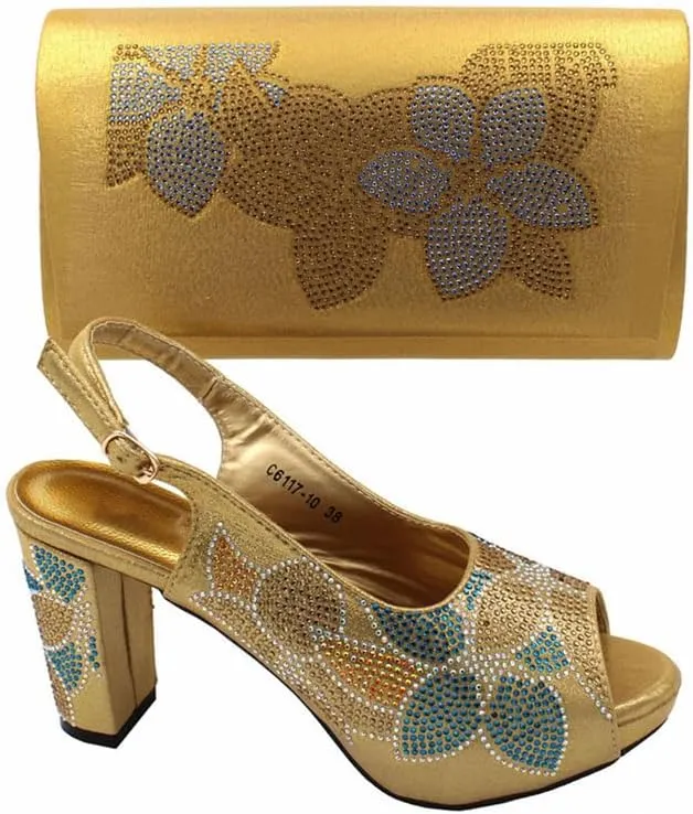 Women's African Gold Shoes Matching Bag Open Toe Sandals Sparkling Crystal Wedding Party High Heels