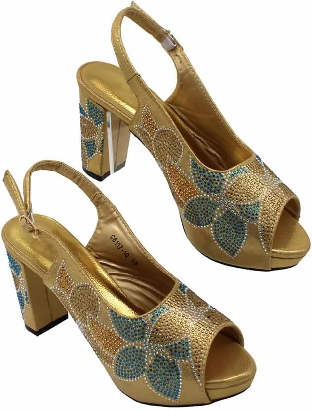 Women's African Gold Shoes Matching Bag Open Toe Sandals Sparkling Crystal Wedding Party High Heels