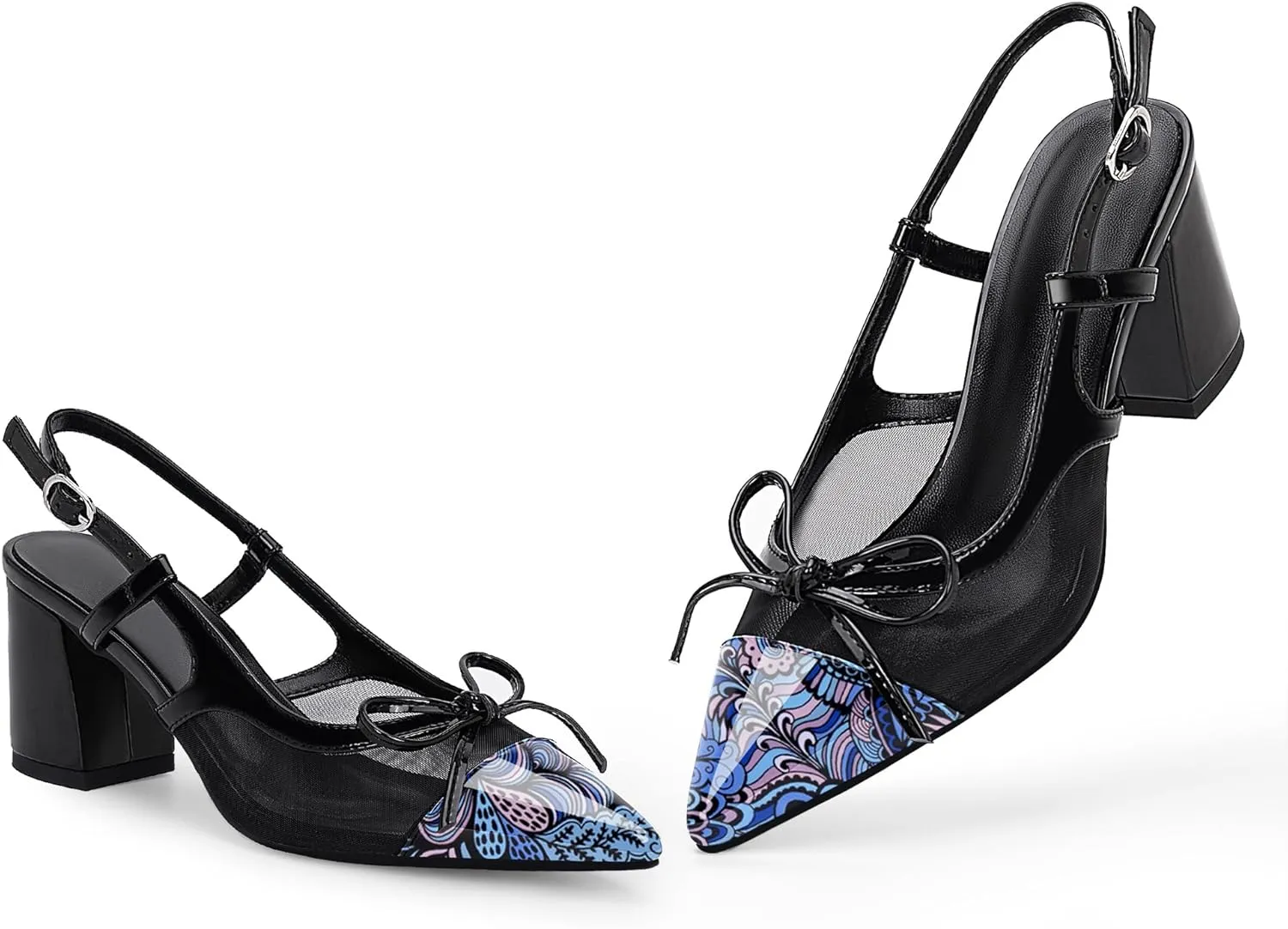 Women’s Black Pointed Toe High Heels – Elegant Mesh Bowknot Block Heel Pumps with Ankle Strap for Party Wedding Office Wear