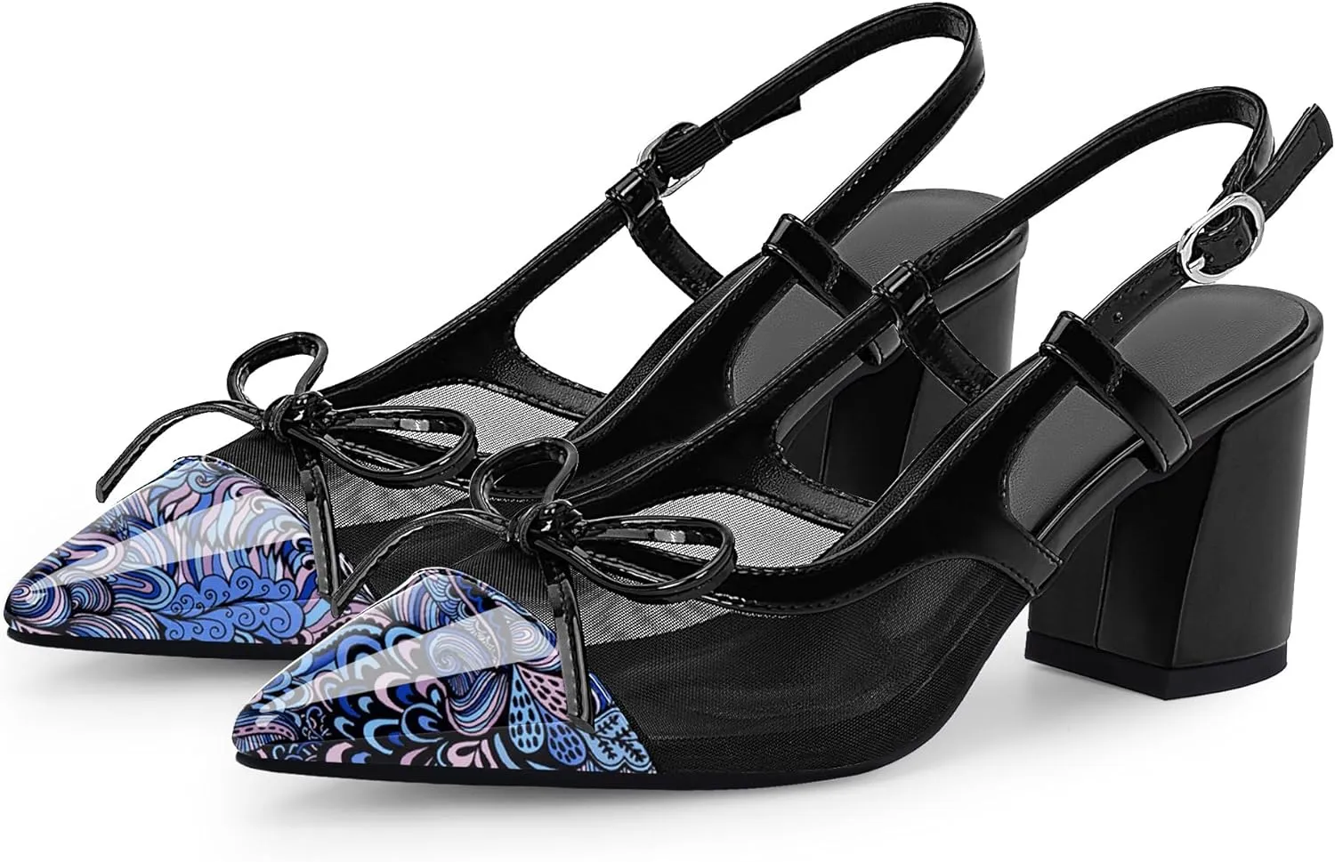 Women’s Black Pointed Toe High Heels – Elegant Mesh Bowknot Block Heel Pumps with Ankle Strap for Party Wedding Office Wear