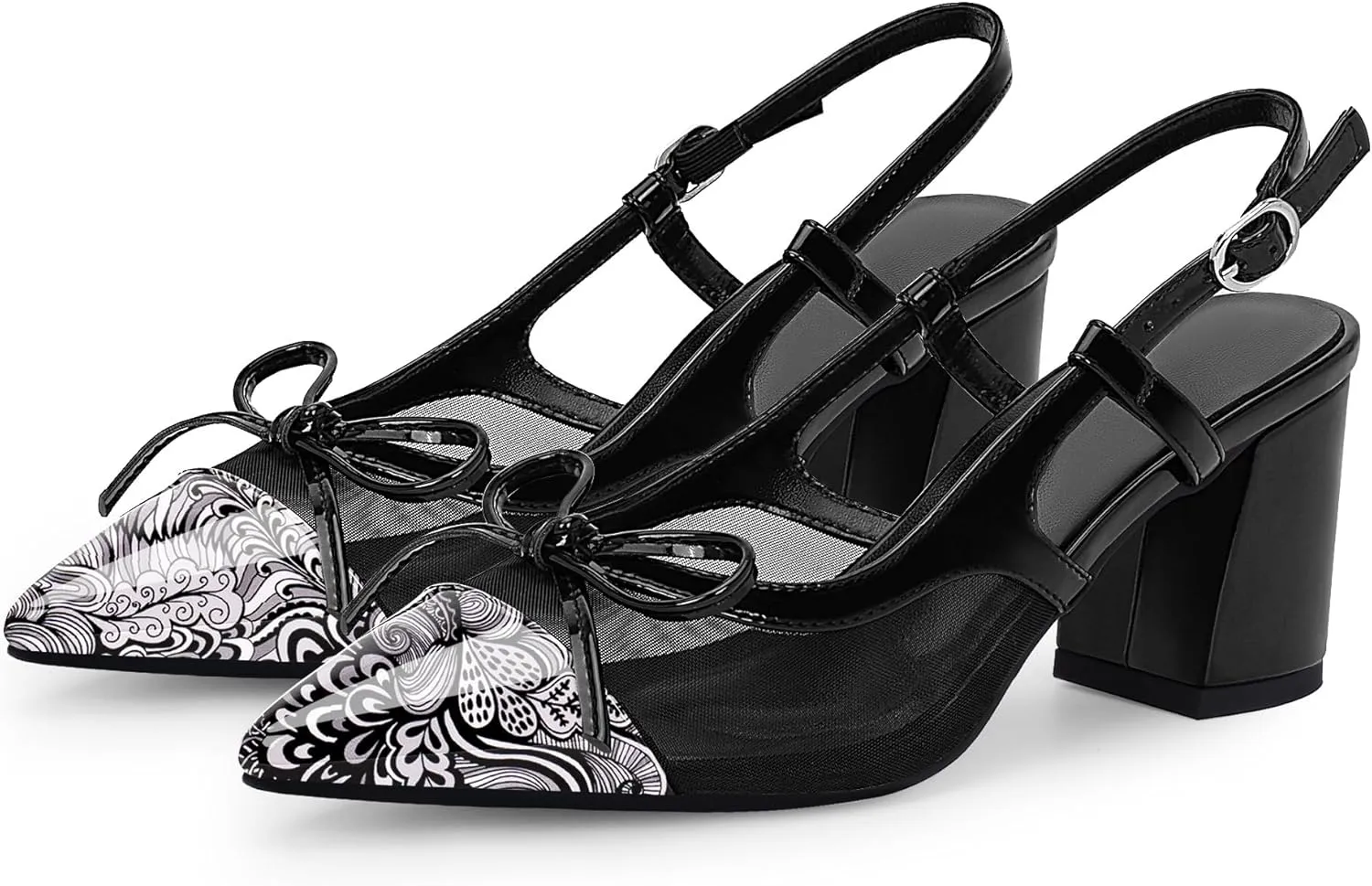Women’s Black Pointed Toe High Heels – Elegant Mesh Bowknot Block Heel Pumps with Ankle Strap for Party Wedding Office Wear