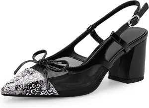 Women’s Black Pointed Toe High Heels – Elegant Mesh Bowknot Block Heel Pumps with Ankle Strap for Party Wedding Office Wear