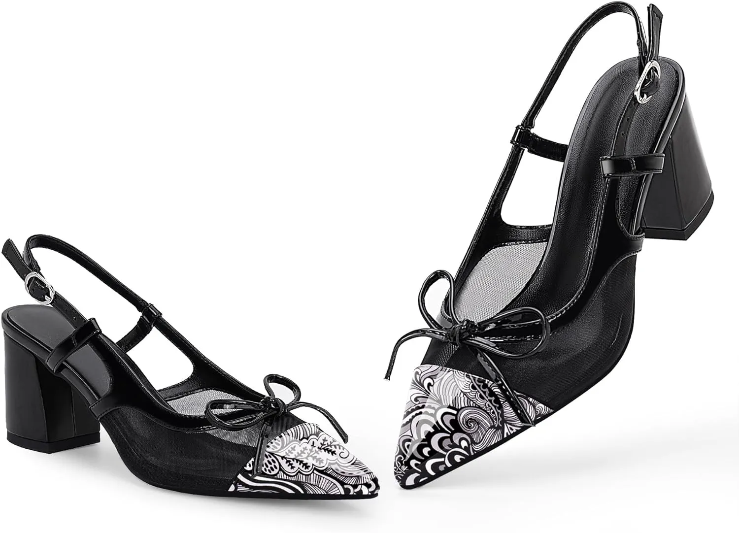 Women’s Black Pointed Toe High Heels – Elegant Mesh Bowknot Block Heel Pumps with Ankle Strap for Party Wedding Office Wear