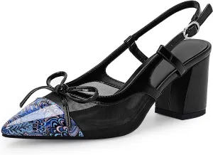 Women’s Black Pointed Toe High Heels – Elegant Mesh Bowknot Block Heel Pumps with Ankle Strap for Party Wedding Office Wear
