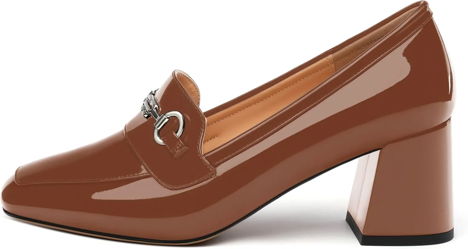 Women's Block Heel Bit Loafer, Square Closed Heel Pumps,Elegant and Comfortable Penny Loafers,Commuter Dress Shoes
