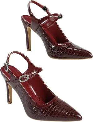 Women's Burgundy Patent Leather High-Heel Sandals | Crocodile-Texture Pointed-Toe Slingback Pumps with Rhinestone Buckle | Elegant Banquet Business Shoes | 2025 Trendy Dress Heels