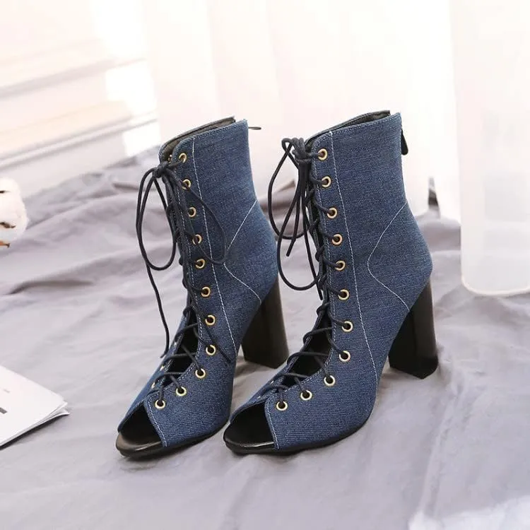 Women's Chunky Block Heel Peep Toe Booties, Open Toe Lace Up Ankle Boots, Summer High Heeled Boots