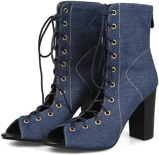 Women's Chunky Block Heel Peep Toe Booties, Open Toe Lace Up Ankle Boots, Summer High Heeled Boots