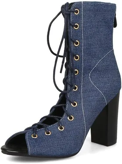 Women's Chunky Block Heel Peep Toe Booties, Open Toe Lace Up Ankle Boots, Summer High Heeled Boots