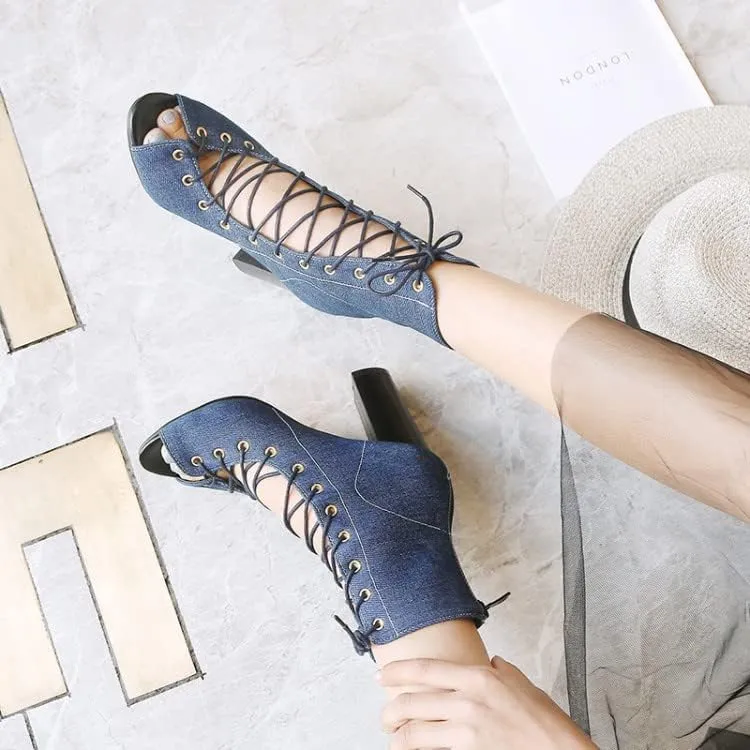 Women's Chunky Block Heel Peep Toe Booties, Open Toe Lace Up Ankle Boots, Summer High Heeled Boots