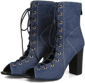 Women's Chunky Block Heel Peep Toe Booties, Open Toe Lace Up Ankle Boots, Summer High Heeled Boots