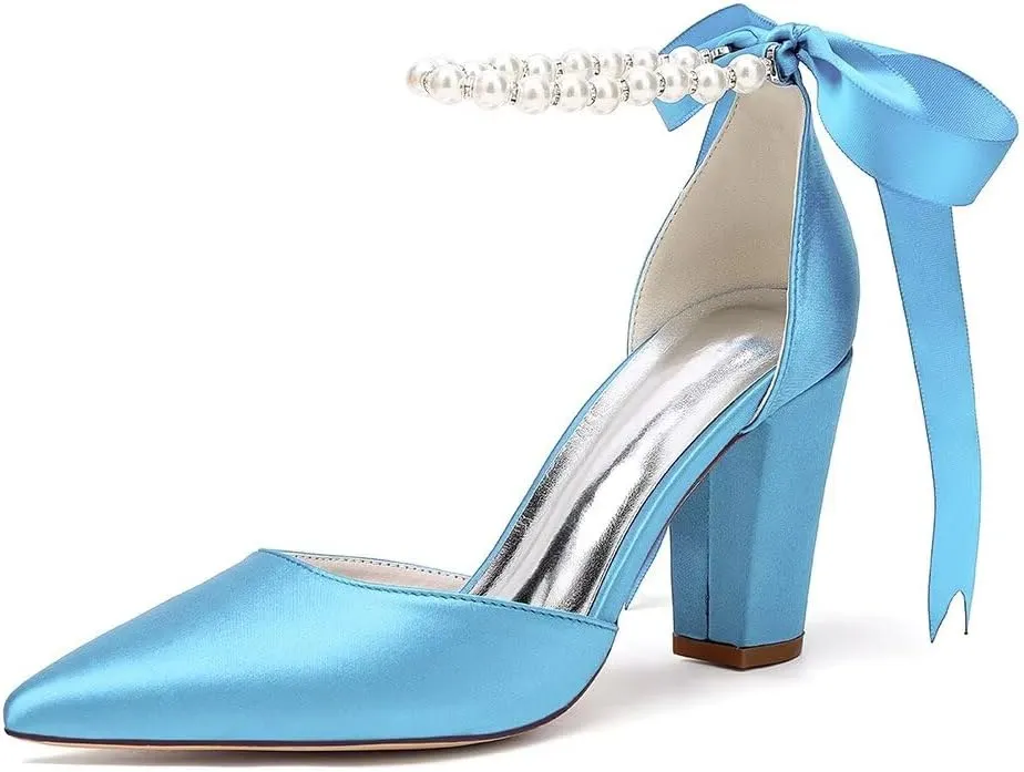 Women's Chunky Block Heel Wedding Shoes for Bride Satin Pearls Ankle Strap Evening Dressy Pumps