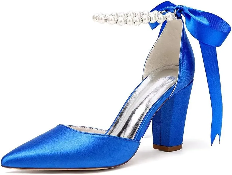Women's Chunky Block Heel Wedding Shoes for Bride Satin Pearls Ankle Strap Evening Dressy Pumps