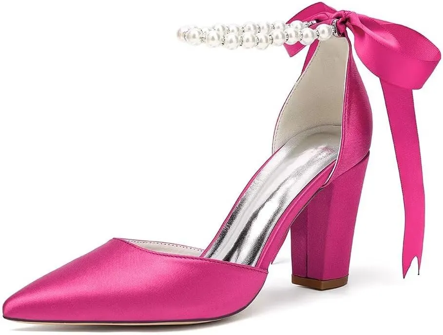 Women's Chunky Block Heel Wedding Shoes for Bride Satin Pearls Ankle Strap Evening Dressy Pumps