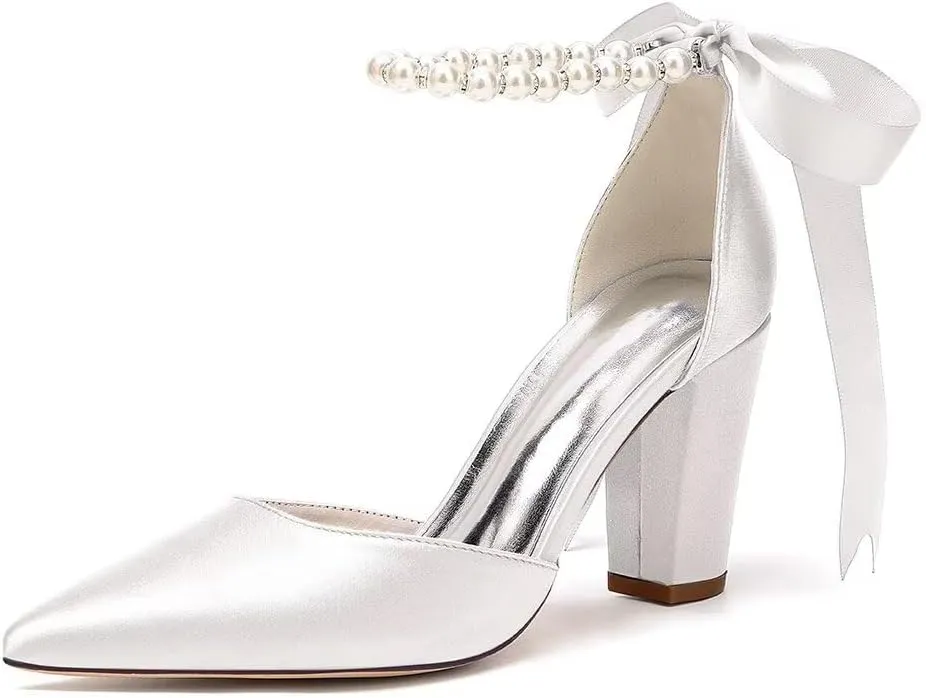 Women's Chunky Block Heel Wedding Shoes for Bride Satin Pearls Ankle Strap Evening Dressy Pumps