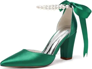 Women's Chunky Block Heel Wedding Shoes for Bride Satin Pearls Ankle Strap Evening Dressy Pumps