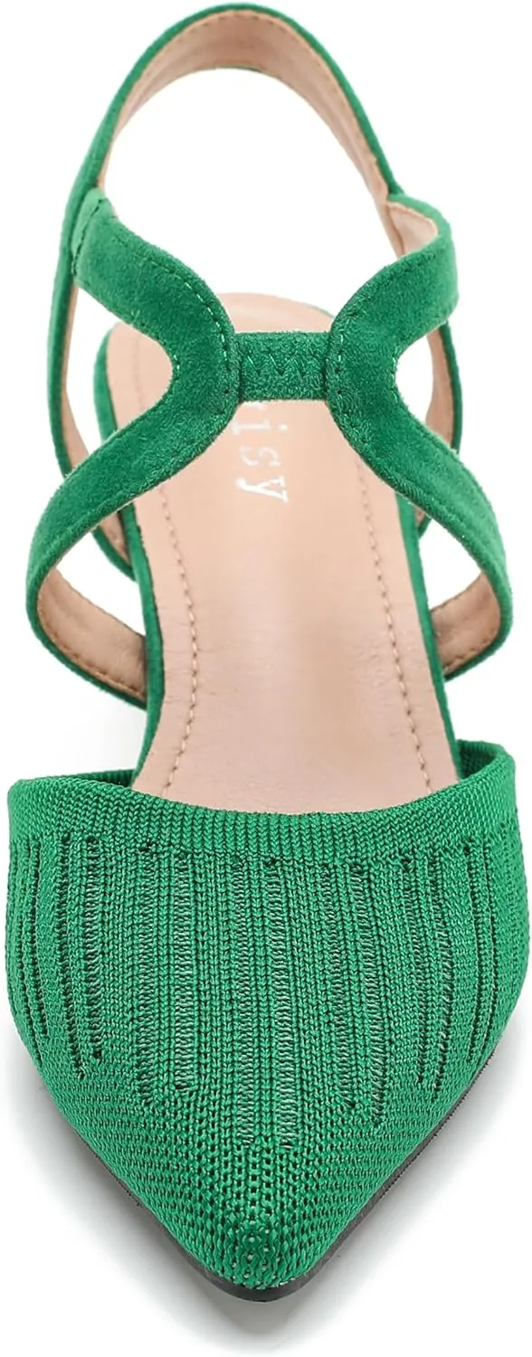 Women's Closed Toe Low Kitten Heel Knit Pumps Elastic Ankle Strap Pointed Toe Slingback Comfortable Dress Wedding Party Shoes