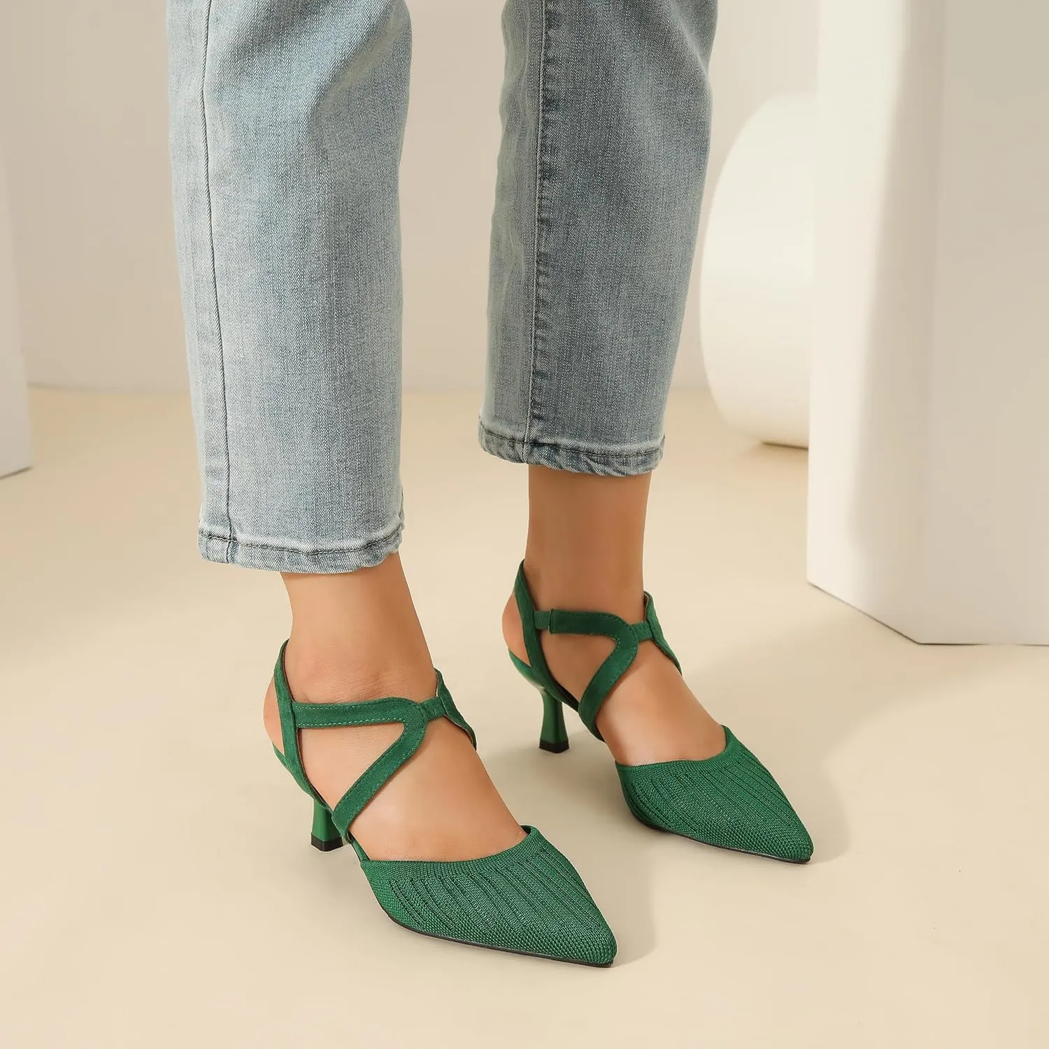 Women's Closed Toe Low Kitten Heel Knit Pumps Elastic Ankle Strap Pointed Toe Slingback Comfortable Dress Wedding Party Shoes