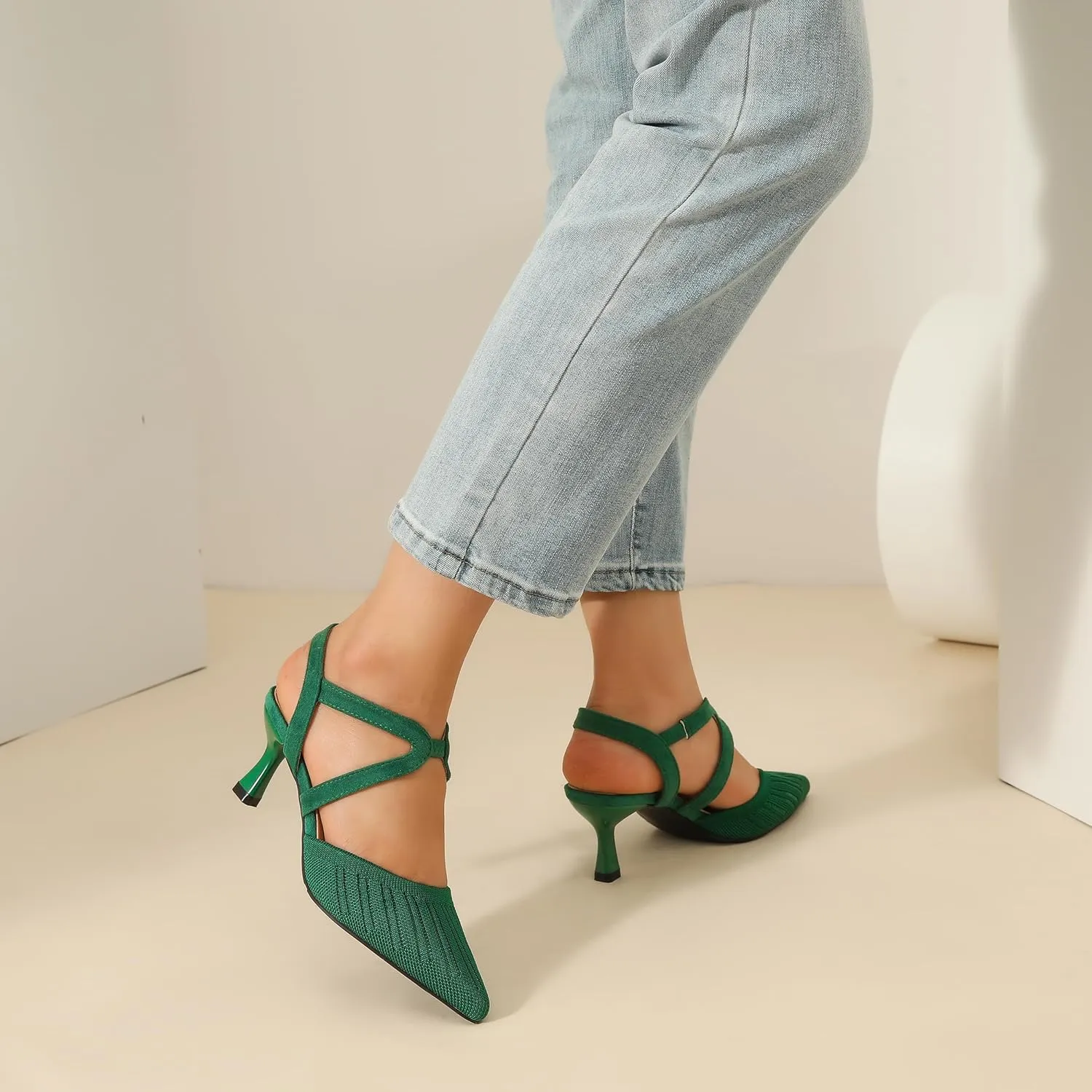 Women's Closed Toe Low Kitten Heel Knit Pumps Elastic Ankle Strap Pointed Toe Slingback Comfortable Dress Wedding Party Shoes